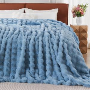 Lotus Karen Faux Fur Throw Blanket Sky Blue - Big Bubble Rabbit Fluff Blanket for Couch Bed Sofa,Softest Fluffy Fuzzy Cozy Blanket,Thick Furry Plush Shaggy Warm Blankets for Women,90x90 Inches