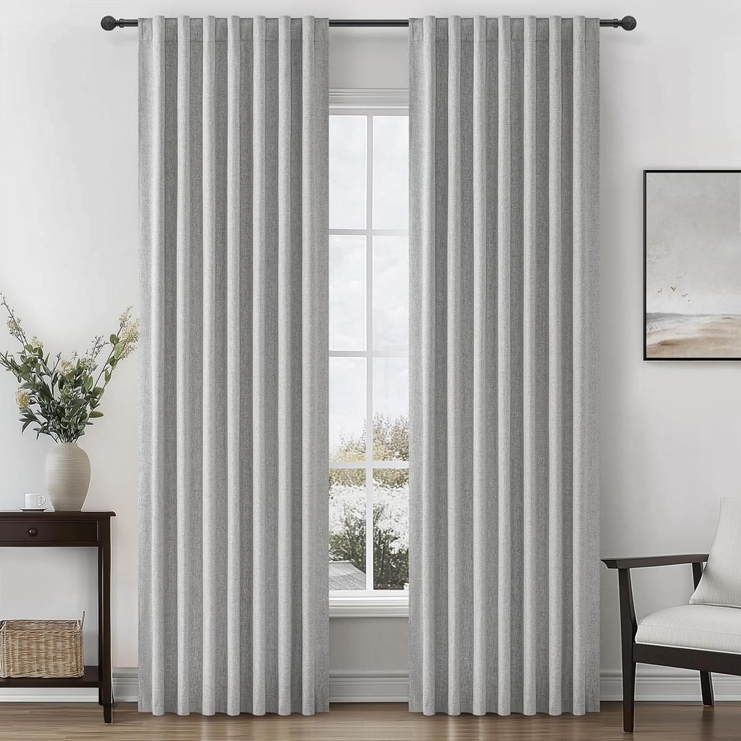 Grey Blackout Curtains 84 Inch Length 2 Panels Set for Bedroom, Modern Faux Linen Room Darkening Pleated Light Gray Burg with Rod Pocket Back Tab 84 Inch Insulated Curtain for Office Sunroom