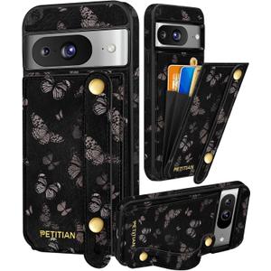 Petitian for Google Pixel 8 Case with Wallet - Women Girls Cute Girly Aesthetic Unique Design Leather Credit Card Holder Cardholder Stand Wristband for Pixel 8, Black Butterfly