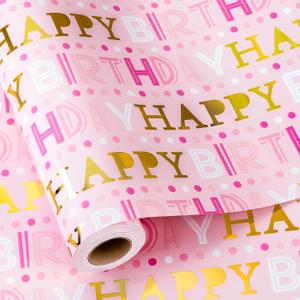 2 x Yarcony Girl Birthday Wrapping Paper, Pink and Gold Wrapping Paper, Gold Foil Girly Happy Birthday Lettering Design Pink Gift Wrap for Girls Women, Baby Shower, Party (Mini Roll, 17 Inch X 16.5 Feet)