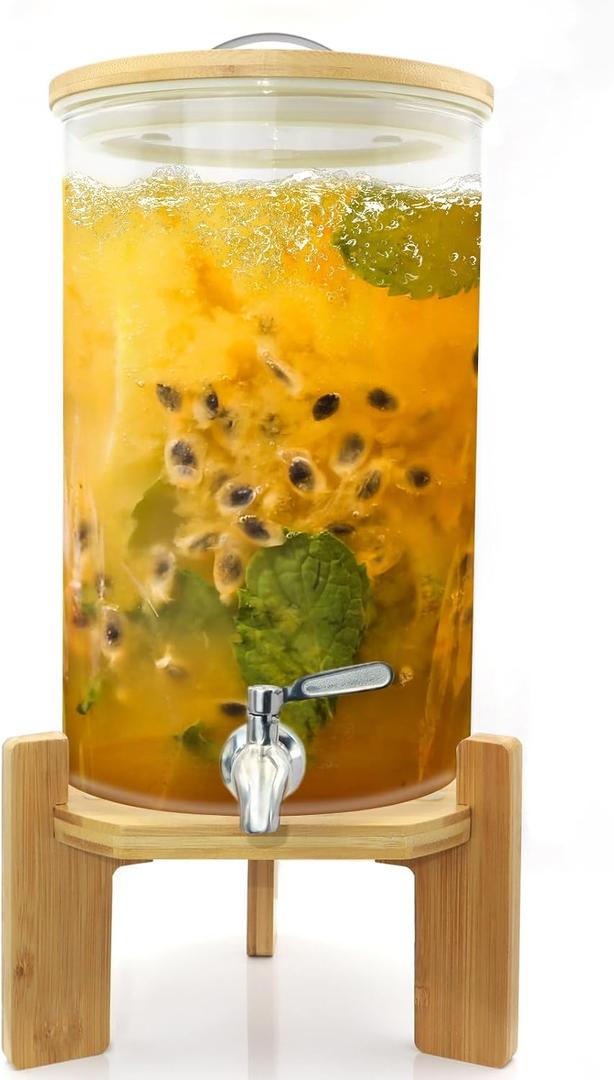 Glass Drink Dispenser with Stand,2.1 Gallons Wood Stand Cold Beverage Dispensers-Large Drink Dispensers For Parties,Bars,Restaurants