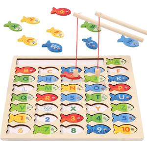 Wooden Magnetic Fishing Game for Toddlers, Montessori Fine Motor Skills Toy with Letters and Numbers, Preschool Learning ABC and Puzzle Educational Toys Gift for 3 4 5+ Year Old Kids (2 Poles)