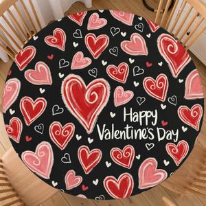 Valentines Day Round Tablecloth Fitted Best for 40"-44" Black Red Heart Table Cloth Vintage Elastic Edge Water-Resistant Washable Love Decoration Table Cover for Party Picnic Indoor Decor