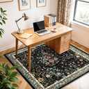 4x4 Square Entry Rug Entryway Foyer: Non-Slip Floral Washable Rugs for Living Room Indoor Floor Kitchen Bedroom - Soft Thin Doormat Carpet Boho Vintage Home Decor (4ft Square, Black)