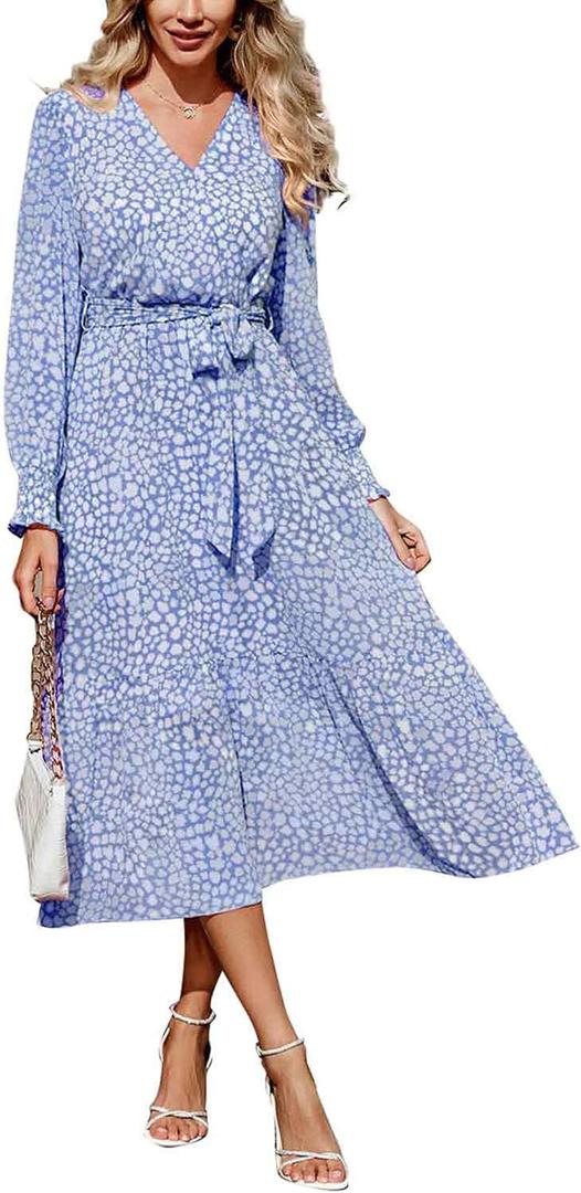 PRETTYGARDEN Women's Floral Boho Long Sleeve Maxi Dress | Wrap V Neck, Flowy A Line Swing Dresses, Belted, Elegant Spring Fall Outfit for Wedding Guest, Vacation, Date Night Party (Blue)