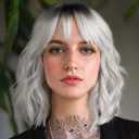 Short White Silver Wig with Bangs Ombre Grey Wigs for Women Girls Wavy Bob Wig Shoulder Length Synthetic Hair Dark Roots Wig for Halloween Cosplay Party Daily (14 Inches)