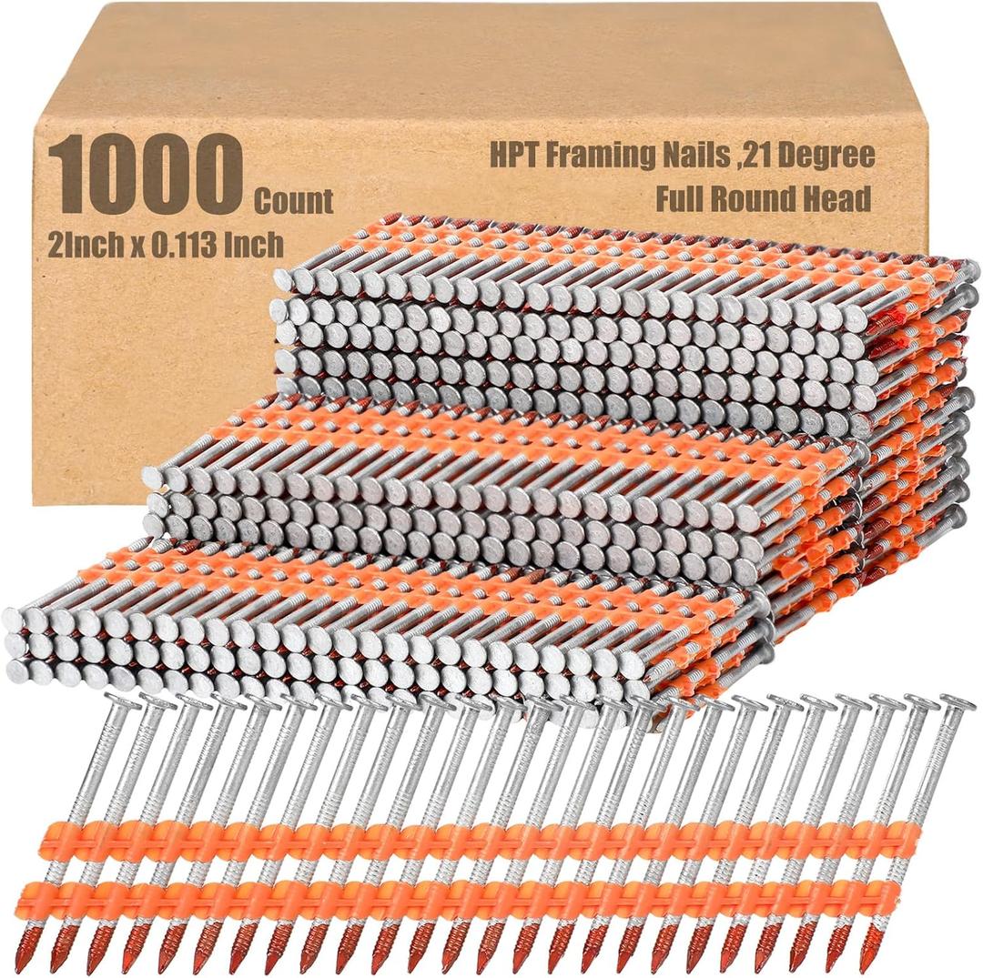Therwen 1000 Count 21 Degree Framing Nails Full Round Head Collated Framing Ring Shank Hot Dipped Galvanized Nails Plastic Row Fixed for All Pressure Treated Lumber(2 Inch X 0.113 Inch) Therwen 1000 Count 21 Degree Framing Nails Full Round Head Collated Framing Ring Shank Hot Dipped Galvanized Nails Plastic Row Fixed for All Pressure Treated Lumber(2 Inch X 0.113 Inch)
