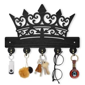 MAYJOYDIY Gorgeous Crown Wooden Key Holder King Queen Key Hanger for Wall 11.8×7.9 Inch Palace Decorative Wall Mount Coat Rack with 5 Alloy Hooks for Entryway Kitchen Office Bedroom Gift