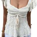 SOLY HUX Women's Summer Peplum Babydoll Tops Sweetheart Neck Ruffle Cap Sleeve Bow Tie Front Textured T Shirt (White, L)