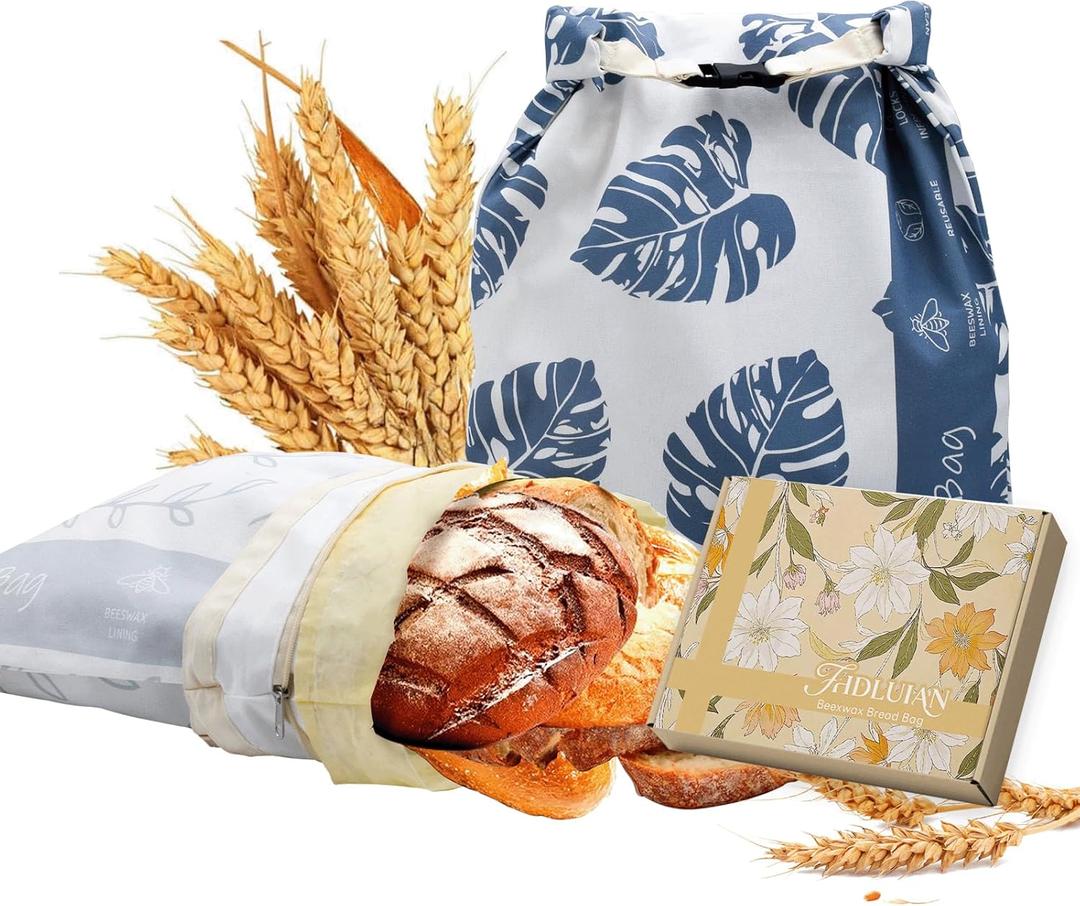 2 Pack Beeswax Bread Bags for Sourdough,Reusable Bread Bag for Homemade Sourdough,Food Grade Cotton Beeswax Bags,Large Capacity and Portable,Washable,Refrigerable,Gifts for Bakers (Zipper) (Leaf pattern)