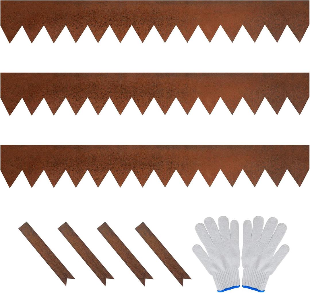 Worth Garden 3-Pack Pre-Rusted Cor-Ten Steel Landscape Edging - 40" L x 5.5" H Each (10ft Total) - No-Dig Hammer-in Heavy Duty 14-Gauge Metal Edging Border w/ 4 Clips & Gloves - Edge for Lawn Yard