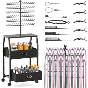 Portable Braiding Hair Rack With Wheels & Storage Drawers,168 Pegs Hair Extension Holder Hanger for Braiding Hair Separator Stand Display,Hair Rack With Stylist Hair Braiding Tools, Black