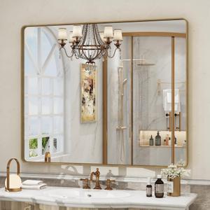 40x36 Gold Framed Mirror for Bathroom, Brushed Gold Brass Bathroom Mirror, Rectangle Gold Bathroom Vanity Mirror for Wall, Shatterproof, Anti-Rust, Hangs Horizontally or Vertically