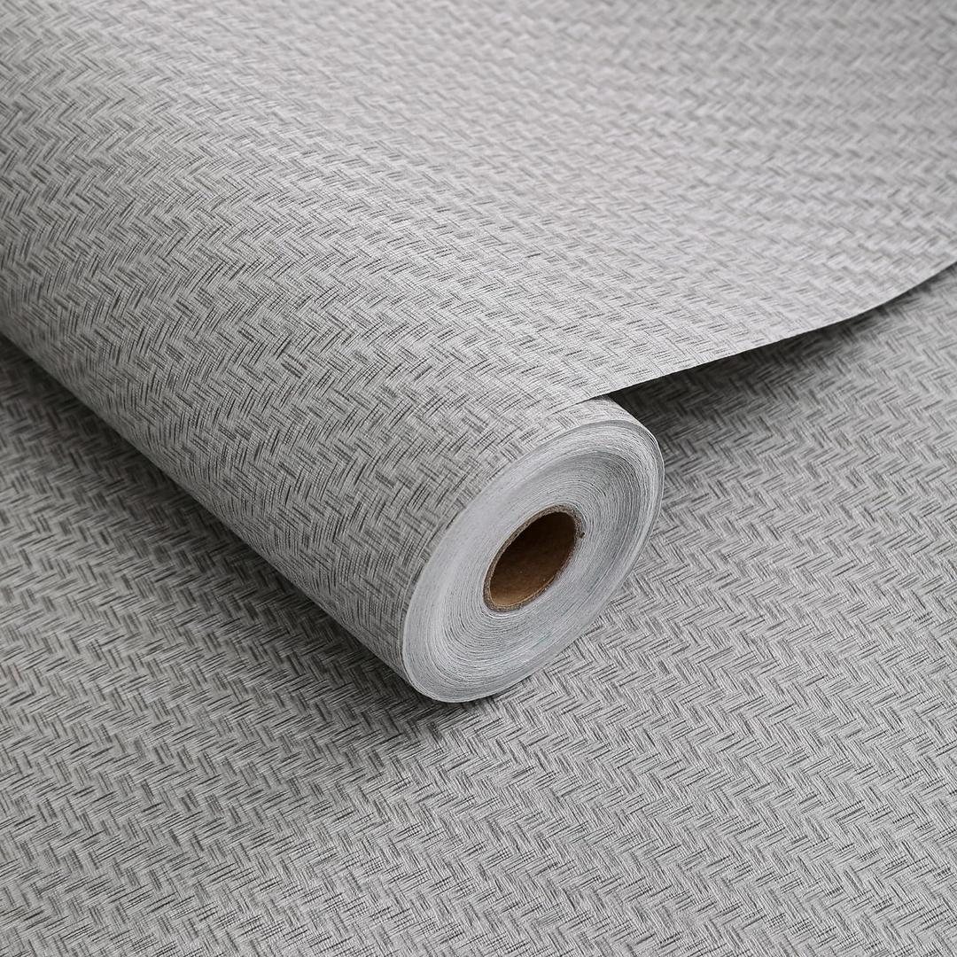 Haimin Fabric Wallpaper Textured Contact Paper (24in X 393in) Gray Grasscloth Wallpaper Peel and Stick Faux Linen Wall Paper Self-Adhesive Vinyl Looks Like Woven Straw