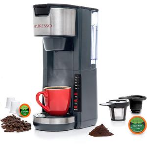 Mixpresso Single Serve Coffee Brewer K-Cup Pods Compatible & Ground Coffee 30oz Compact Coffee Maker Single Serve, 5 Brew Sizes Fits 14Oz Travel Mug, Adjustable Drip Tray, Grey Coffee Maker