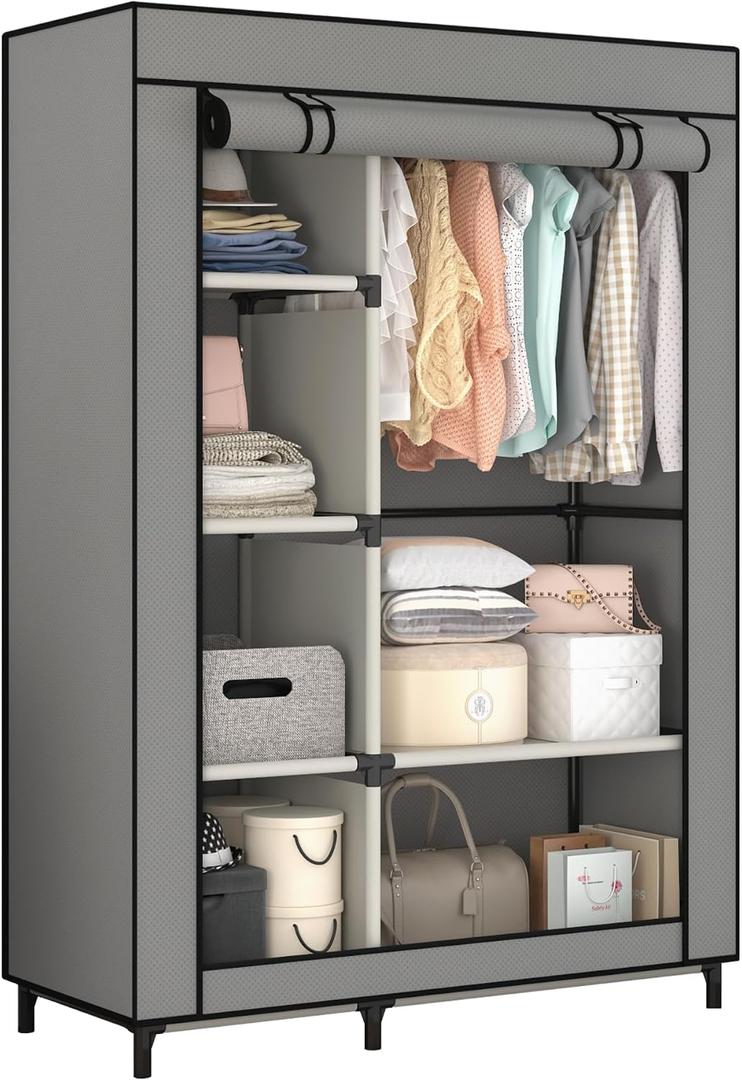 Calmootey Portable Closet Organizers, Clothing Storage, Wardrobe with 6 Shelves and Hanging Rod, Non-Woven Fabric Cover with 4 Side Pockets, Grey, 60 inches x 24 inches x 18 inches