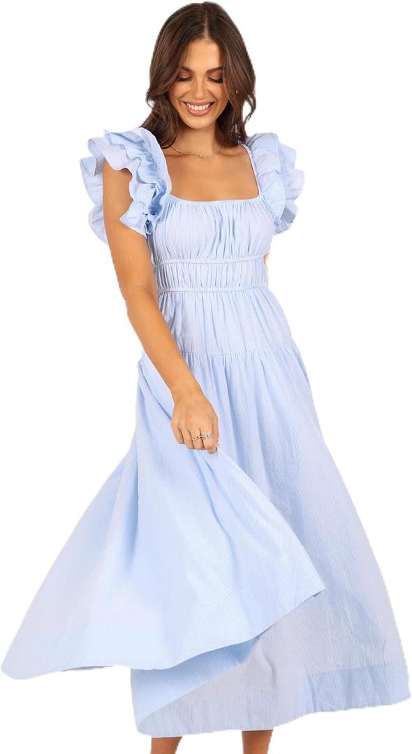 Petal & Pup Womens Linda Midi Dress (Large, Blue Stripe)