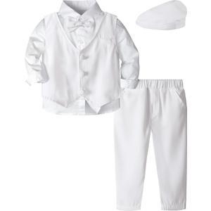 A&J DESIGN Toddler 4-Piece Formal Suits Baby Boy Gentleman Outfit with Dress Shirt, Bow Tie, Vest, Pants and Flat Hat (18-24 Months, White) A&J DESIGN Toddler 4-Piece Formal Suits Baby Boy Gentleman Outfit with Dress Shirt, Bow Tie, Vest, Pants and Flat Hat (18-24 Months, White)