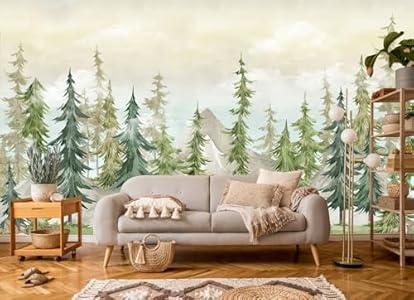 ZFBIZHI Green Pine Forest Woodland Wallpaper for Nursery Girls' Bedroom Living Room Cloud Forest Mountain Wall Mural (Not Peel 'n Stick) 141 ×96 inch