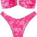 SHENHE Women's 2 Piece Strapless Swimsuit U Wire Floral Tie Back Ruched Bandeau Bikini with Thong Set (Medium, Pink)