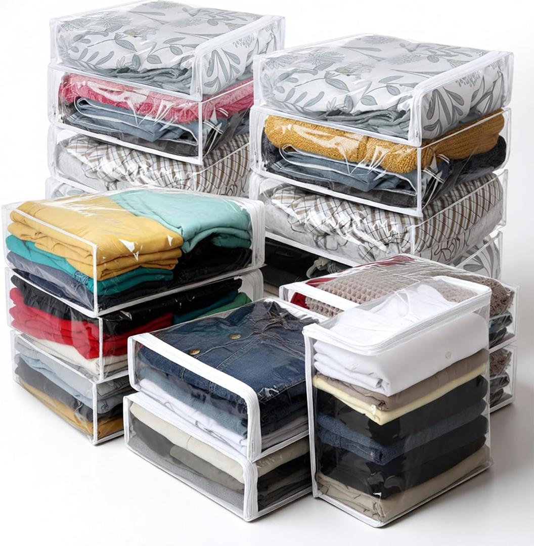 16 PCS Plastic Storage Bags with Zipper, Durable Clear Vinyl Zippered Storage Bags for Clothes Sweaters Comforters Blankets Sheets Bedding Pillow (12 x 12 x 4 Inch)