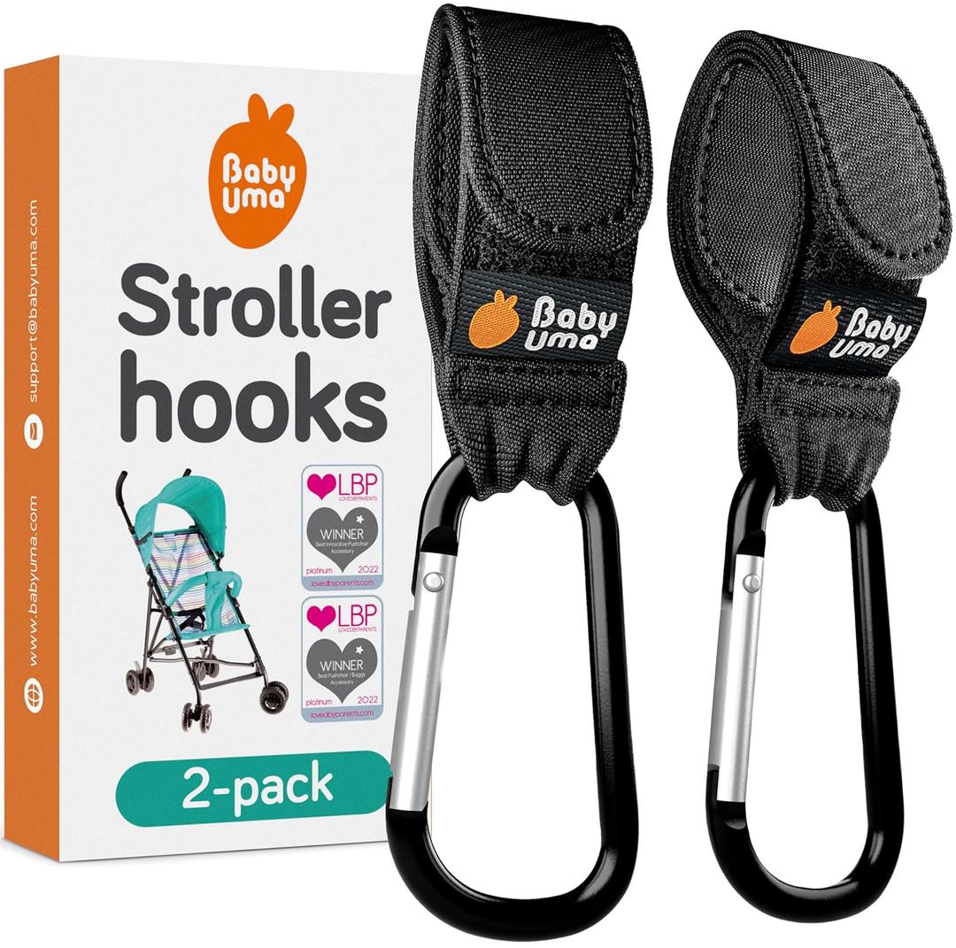 Baby Uma Stroller Hooks for Bags (2 Pack) - Universal Stroller Clips and Hooks, Non-Slip with One-Hand Opening, 11 lb Weight Capacity, Baby Travel Essential (Canvas Black)