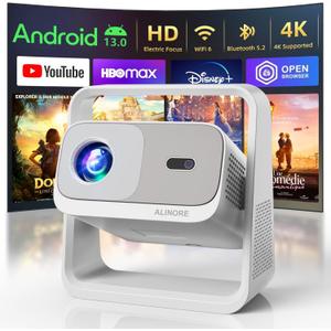 ALINORE Smart Projector with WiFi and Bluetooth, Builtin Apps, Electric Focus & Auto Keystone Portable Outdoor Projecor, Native 1080P Projector 4K Support, Movie Projector for Home Theater, White