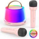 Mini Karaoke Machine for Kids, Portable Bluetooth Speaker with 2 Wireless Microphones and Led Light, Birthday Gifts for 4 5 6 7 8 9 10 11 12 Year Old Girl, Kid Karaoke Machine Toys, Pink