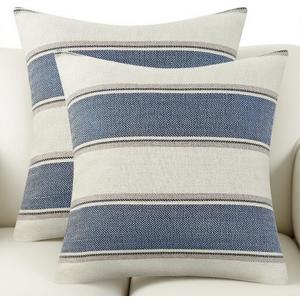 AmHoo Pack of 2 Farmhouse Linen Throw Pillow Cover Cushion Stripe Decoration Buffalo Retro Pillowcase with Hidden Zipper for Sofa Bedroom Car 16 x 16 Inch Blue