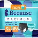 Because Premium Maximum Absorbency Adult Incontinence and Postpartum Bladder Leak Underwear for Women, Heavy Absorbency, Disposable, Black, XLarge, 80 Count (4 Packs of 20)