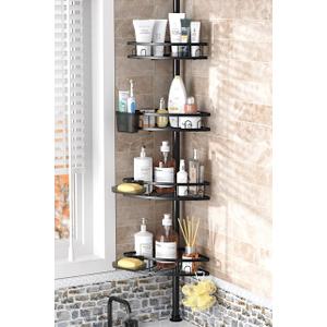 Tension Pole Shower Caddy Corner: Adjustable 4tier Bathroom Organizer Shelves - Rustproof Bathtub Shampoo Rack 43.5-120 inch (Matte Black)