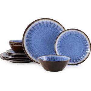 Melamine Dinnerware Sets 12 Pcs, Plates and Bowls Sets, Melamine Plates, Outdoor Dishes Sets, Unbreakable Dinnerware, Serving Dishes for Entertaining, Dishwasher Safe, BPA Free (Classic Blue)