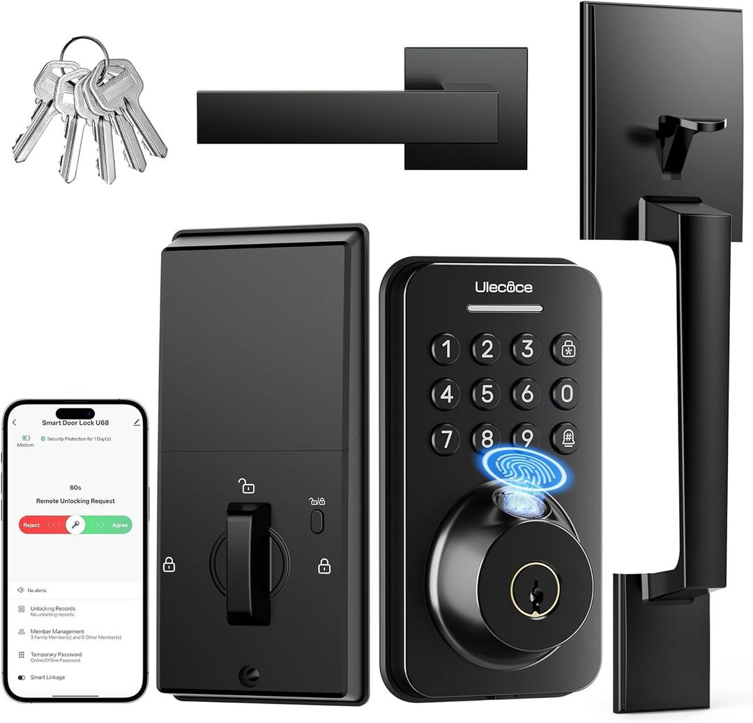 Ulecoce Fingerprint Keypad Deadbolt with Handle Set, Keyless Entry Door Lock, Door Locks for Front Door Lock Set, App Control, Auto Locking, Easy to Install, Matte Black