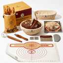 Complete Sourdough Starter Kit with Cookbook, 2-Banneton Set: 10 Round & Oval Grade-A Rattan, Beeswax Bag, Silicone Mat, Sapele Tools Wont Warp| BeginnerFriendly Baking SuppliesGift for Bakers