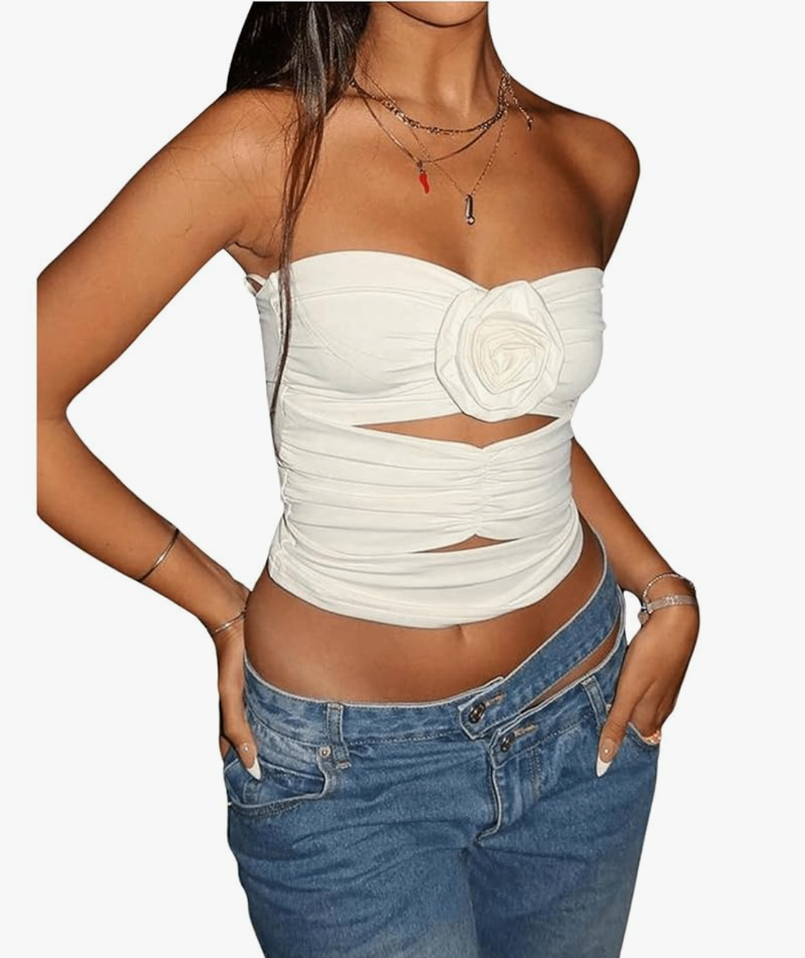 GORGLITTER Women's Flower Strapless Tube Tops Y2K Sleeveless Cut Out Bandeau Coquette Summer Going Out Crop Top 2025 XS