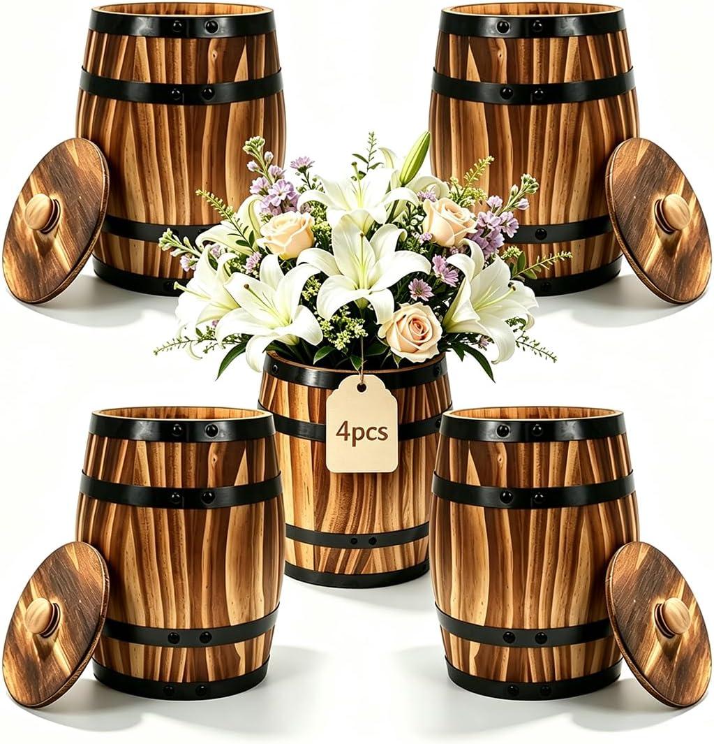 Sunmuliiiy4Pcs Wood Wine Barrel Vase 8" x 6.5" Rustic Wooden Flower Vase Rustic Barrel Barrel Planter for Wedding Reception Table Decoration Home Indoor Outdoor Garden, Kitchen, Party Table Decoration