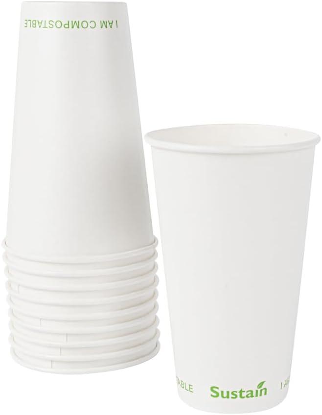 Restaurantware Sustain 16 Ounce Compostable Cold Cups, 50 Disposable Drinking Cups - Lids Sold Separately, Leakproof PLA Lining, White Paper Cups, Tightly Rolled Rim, BPI-Certified (3.543.545.39)