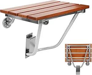 Folding Shower Seat Wall Mounted and Teak Bench, Foldable Shower Chair for Small Spaces, 350lb Capacity