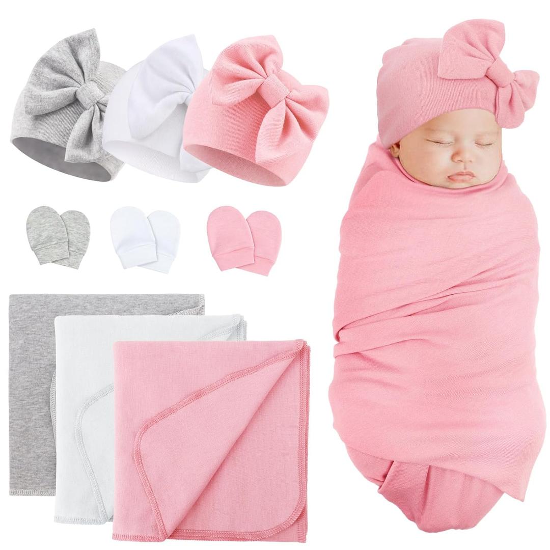 BQUBO Newborn Receiving Blankets Cotton Warm Sleepsack with Mittens & Bow Hats Hospital Baby Swaddling Shower Gift