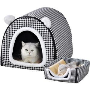 Cat Bed or Dog Bed,2 Ways to Use,Indoor Pet House with Fluffy Mat,Removable and Washable Cover,Non-Slip Bottom,for Cats and Small Dogs(S Black Cranes)