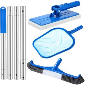 Tioncy 4 Pack Swimming Pool Cleaning Kit Including Pool Cleaning Brush Scrubbing Scouring Sponge Pad Skimmer Leaf Net and 47inch Swimming Pool Cleaning Poles for Inflatable Pool Home Spas Hot Tubs