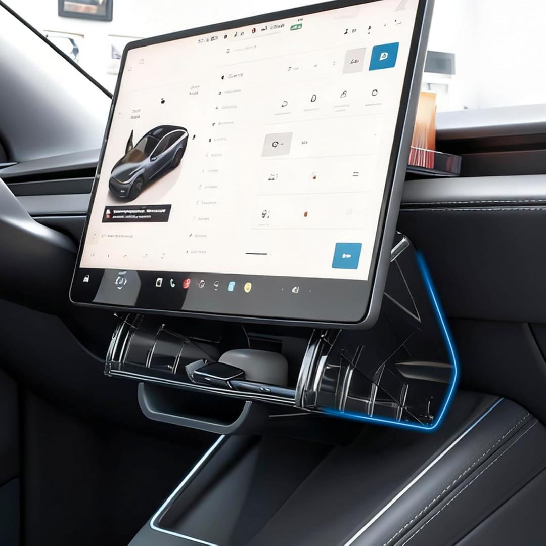 Hidden Under Screen Center Console Storage Organizer Compatible with 20242025 Tesla Model 3 Highland & 20252026 Model Y Juniper, Magnetic Installation, Anti-Slip (Black) (Small)