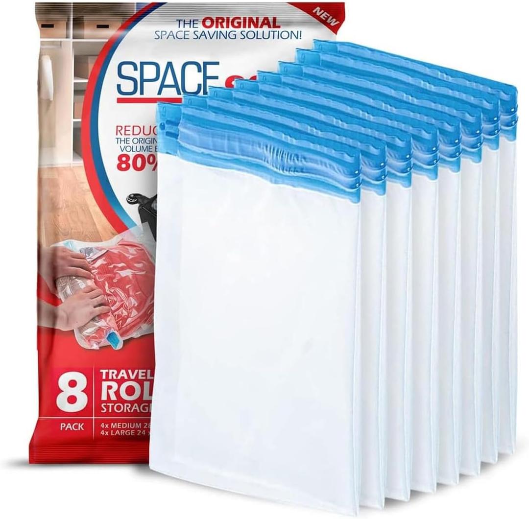 Spacesaver Roll Up Vacuum Storage Bags for Jackets, Suits, Dresses & Clothes  Sealed Compression Bags with Hand Pump  Space Saver Bags for Moving, Travel & Organization - Pack of 8