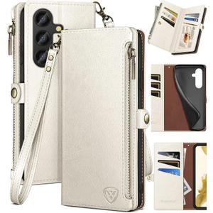 XcaseBar for Samsung Galaxy S24 5G Wallet case with Zipper Credit Card Holder RFID Blocking,Flip Folio Book PU Leather Shockproof Protective Cover Women Men for Samsung S24 Phone case White