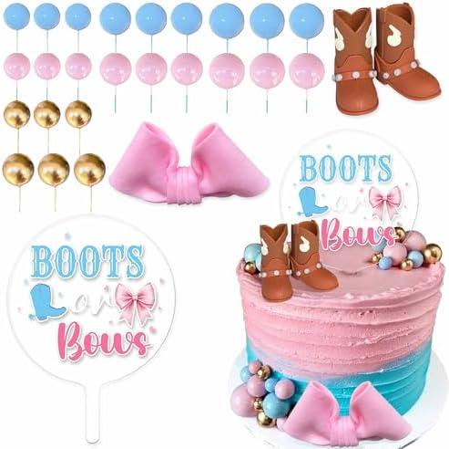 Boots or Bows Gender Reveal Cake Decorations，Acrylic Bows and Boots Cake Toppers Set，Boy or Girl Baby Shower Party Supplies