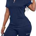 LovelyWholesale Womens 2 Piece Outfits Side Split V Neck T Shirts and Biker Shorts Matching Sets Navy Blue Small