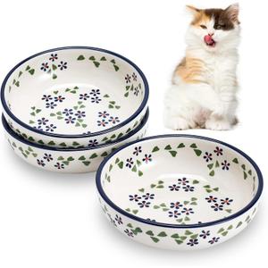 Howise - Cuencos de cermica para gatos, 5.3 pulgadas, platos para comida y agua, paquete de 3 cuencos poco profundos para gatos de interior, azul floral