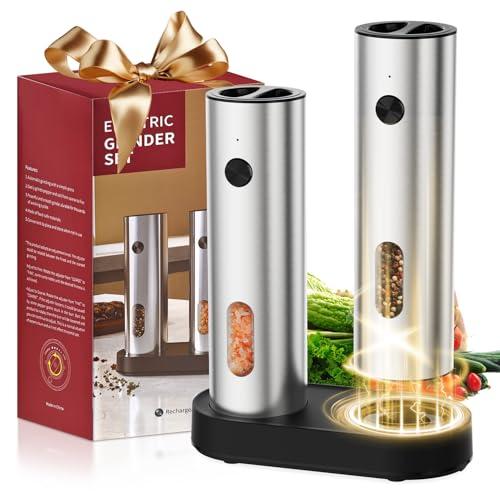 Electric Salt and Pepper Grinder Set, Pepper and Salt Shakers, Auto Pepper Mill with Rechargeable Base/Led Light/Adjustable Coarseness, Kitchen Essentials Ideal for Daily Use & New Home Gift