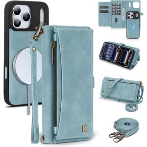 Wallet Case for iPhone 17 Pro with Card Holder/Crossbody Wallet/Strap,[RFID Blocking][Magnetic] PU Leather Phone Case for iPhone 17 Pro,6.3 in,Dream Blue