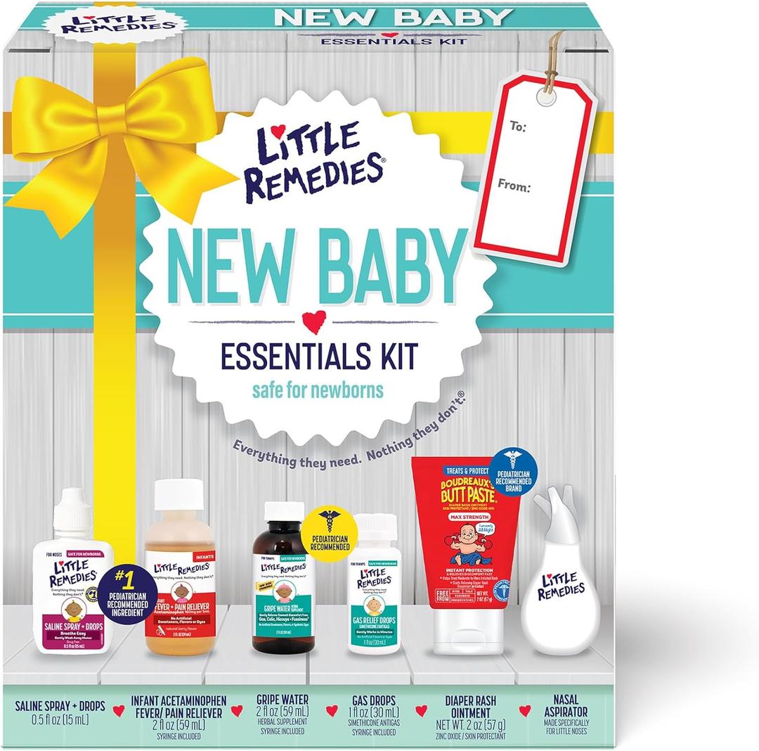 Little Remedies New Baby Essentials Kit with Saline Nasal Spray, Diaper Rash Cream, Gas Relief Drops, Gripe Water & More, Safe for Newborns, EXP 2026/12